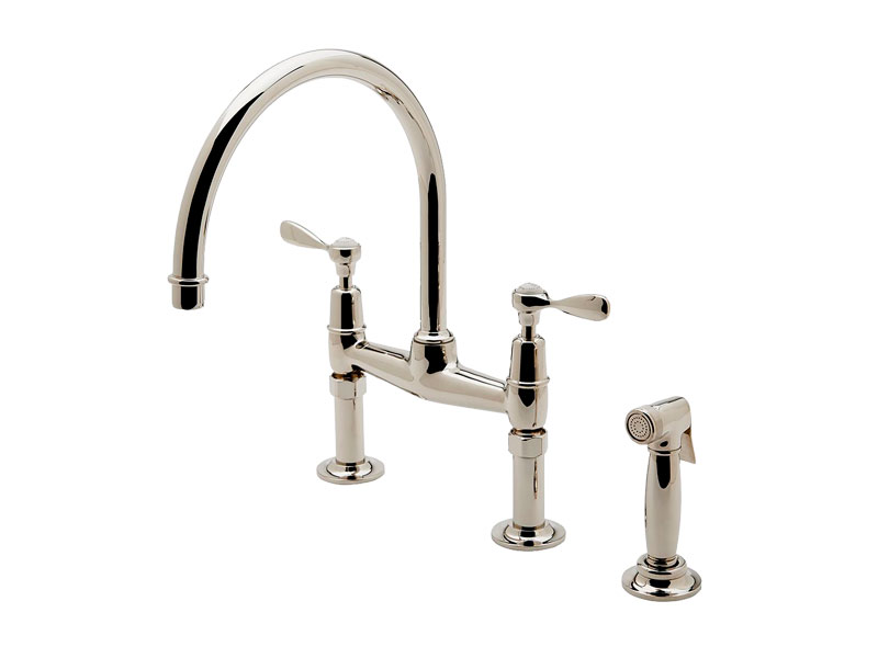 Waterworks Easton Classic Two Hole Bridge Gooseneck Kitchen Faucet, Metal Lever Handles and Spray, kitchen faucet, classic faucet, alexander marchant