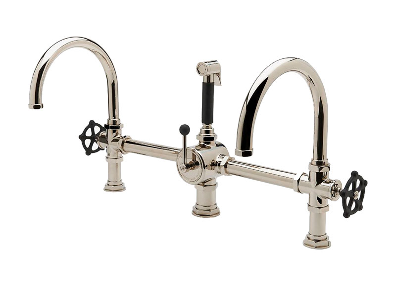 Waterworks Regulator Gooseneck Double Spout Marquee Kitchen Faucet - Black Wheel Handles and Spray, kitchen faucet, classic faucet, alexander marchant