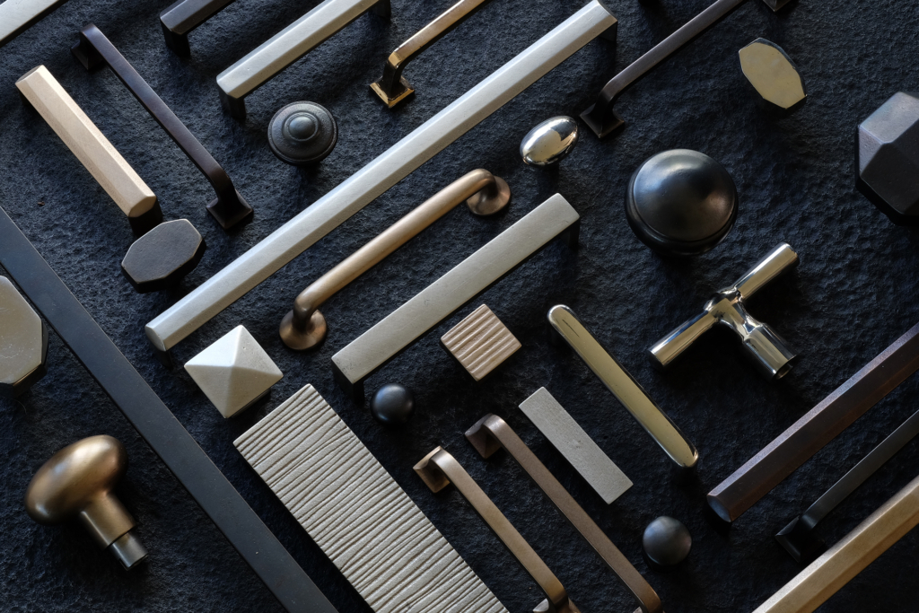 A selection of cabinet hardware illustrates the stylistic breadth of Sun Valley Bronze's collections.