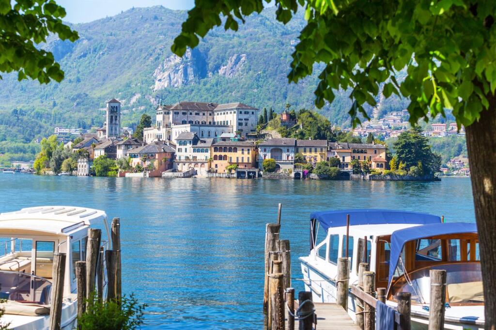 View of San Giulio island at Lake Orta Piedmont Italy