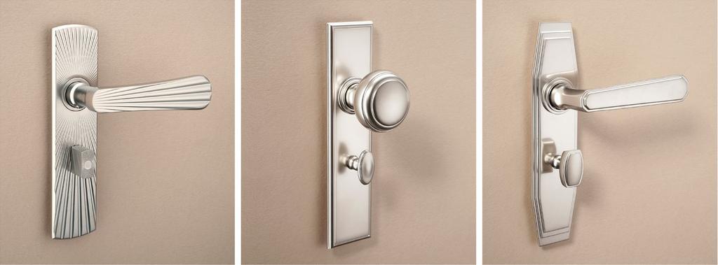 Three door hardware sets with different backplate shapes