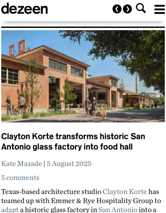 We’re thrilled to celebrate Clayton Korte for their transformation of the historic Samuels Glass building, featured in Dezeen, written by Kate Mazade and photographed by Casey Dunn. The adaptive reuse of this 53,979‑sq ft industrial shell brought Pullman Market to life — a vibrant food hall in San Antonio’s Pearl District. The design blends preserved materials with new spatial interventions, light-filled courtyards, and an immersive sensory experience celebrating Texas foodways, artisans, and regional culture.

Read the full article at dezeen.com.

#alexandermarchant #dezeen #claytonkorte #sanantonioarchitecture #architecture #adaptivereuse #industrialdesign #interiordesign #foodhalldesign #architecturelovers  #pullmanmarket #dezeenfeature #architecturephotography  #sanantonio #pearldistrictsa #texasdesign #satx #sanantonioeats