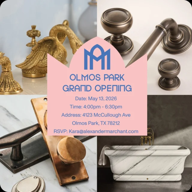 An exciting event is coming up! Join us in celebrating the Grand Opening of our Olmos Park showroom. In partnership with Luxe Magazine, we’re unveiling a thoughtfully curated collection of architectural hardware, plumbing, and lighting set within a beautifully designed space.

Enjoy an evening of cocktails, hors d’oeuvres and connection with the design community, all while supporting The Devils River Conservancy through a special fundraising initiative.

4123 McCullough Ave, Olmos Park
May 13, 2026
4–6:30 PM

Can’t wait to see you there! RSVP at the link in bio.

#alexandermarchant #satxevents #luxurydesign @luxemagazine