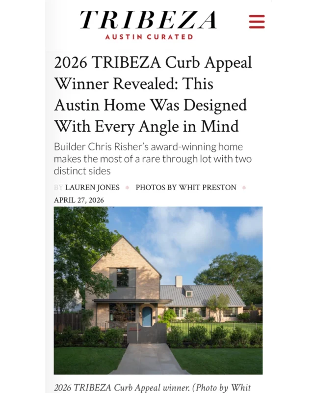 Congrats to Chris Risher and Cuppett Kilpatrick Architecture + Interior Design on the TRIBEZA 2026 Curb Appeal Awards win! We’re always inspired by the work coming out of Austin and being part of such a strong design community. 

#austindesign #TRIBEZA #interiordesign #austinhomes #atxdesigncommunity @rishermartin @cuppett_kilpatrick