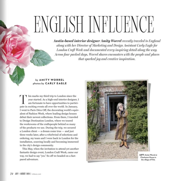 We’re shining a light on our friend and talented designer, Amity Worrell, featured in the latest issue of TRIBEZA!

The article follows Amity’s journey through England during London Craft Week, where she shares the people, places, and craftsmanship that sparked fresh creative inspiration. It’s a thoughtful look at how travel inspires design.

Be sure to check out the July/August issue of TRIBEZA to read more.

@amityworrelco 

#alexandermarchant #amityworrel #austindesign #tribeza #londoncraftweek