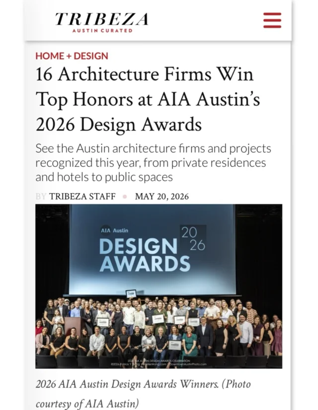 Congratulations to all of the architects and firms recognized in this year’s AIA Austin Design Awards!

We’re always proud to see the talented architects and designers we’ve had the pleasure of working alongside celebrated for their creativity, vision and incredible work.

Cheers to all of this year’s winners!

#aiaaustindesignawards #aiaaustin #austinarchitects #austindesign #atxarchitects @aiaaustin